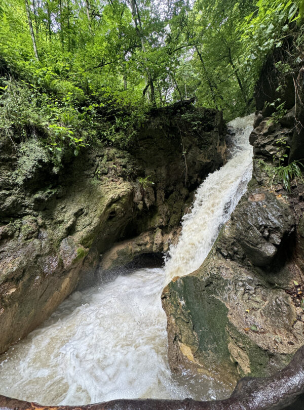 Waterfall cascading through a narrow rocky gorge near Dilijan, Armenia