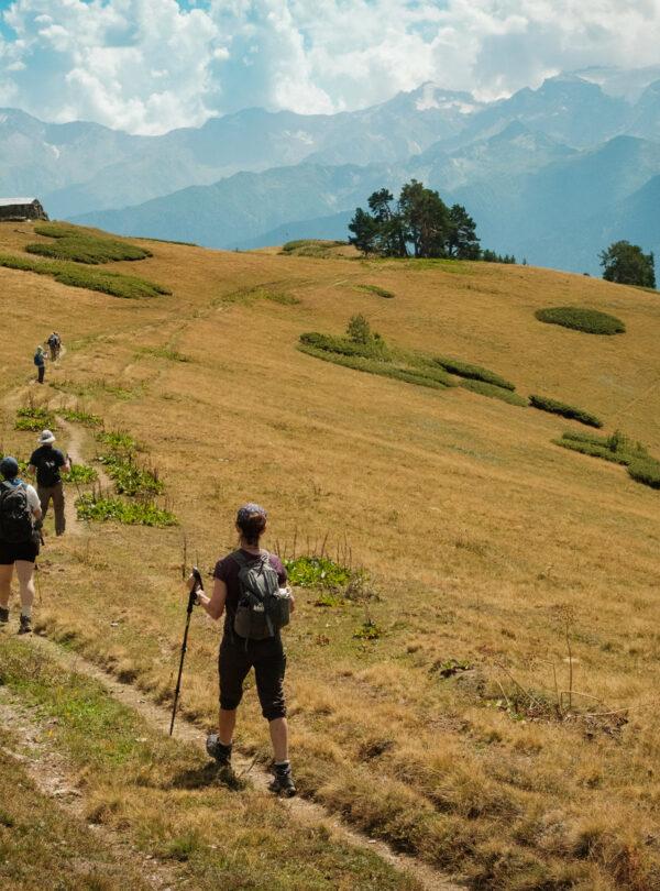 Hikers descending a golden grassy hillside trail in Svaneti, Georgia